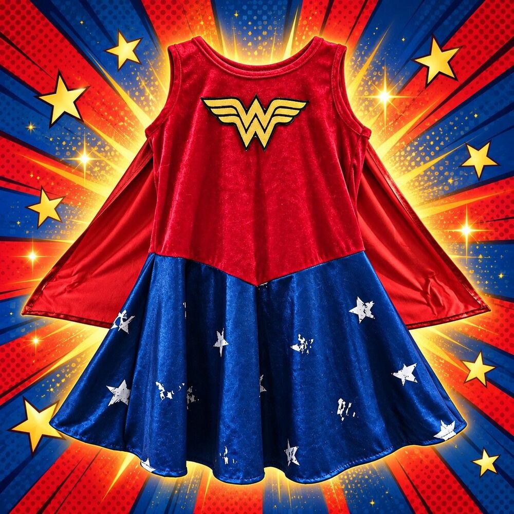 Wonder Woman Girls Costume Medium Dress Attached Cape DC Halloween Rubie's C204